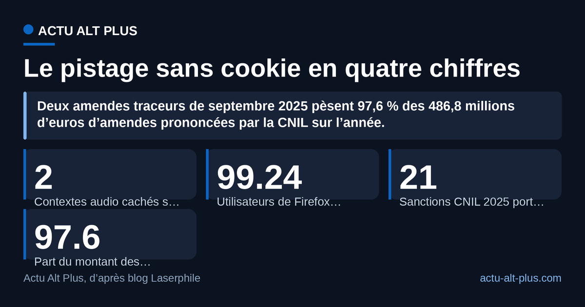 Le canal audio d’AliExpress est bien réel, mais il distingue de moins en moins : c’est le droit français qui mord, pas la technique. Limite : le chiffre Firefox ne vaut que pour ce navigateur, et la part des amendes 2025 est tirée par deux décisions de septembre.