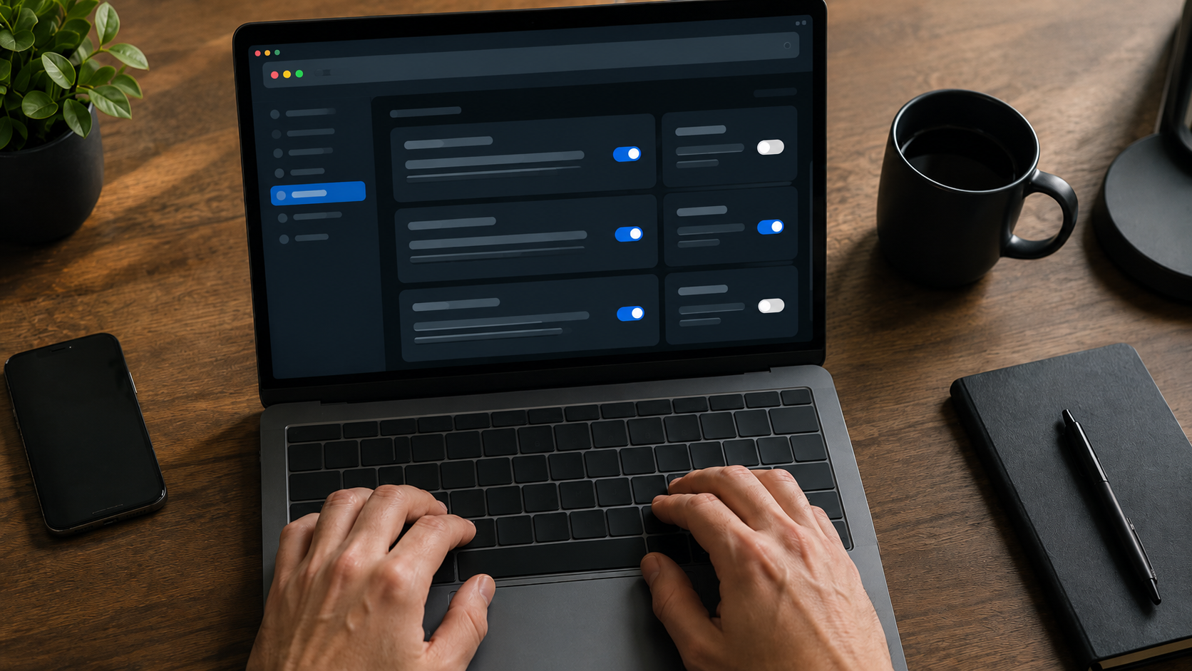Vue de dessus d’un ordinateur portable, panneau de réglages d’une extension de navigateur ouvert, mains d’un adulte sur le clavier.