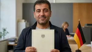 Une personne tient un certificat de naturalisation devant un petit drapeau allemand dans un bureau d'état civil.