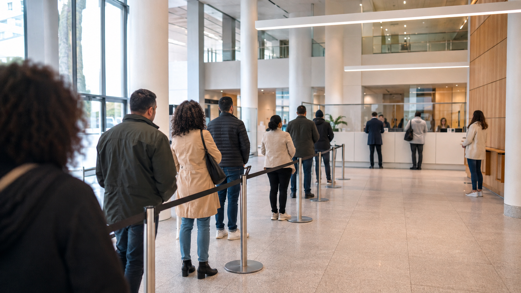 File d'attente de personnes diverses dans le hall lumineux d'une administration allemande.