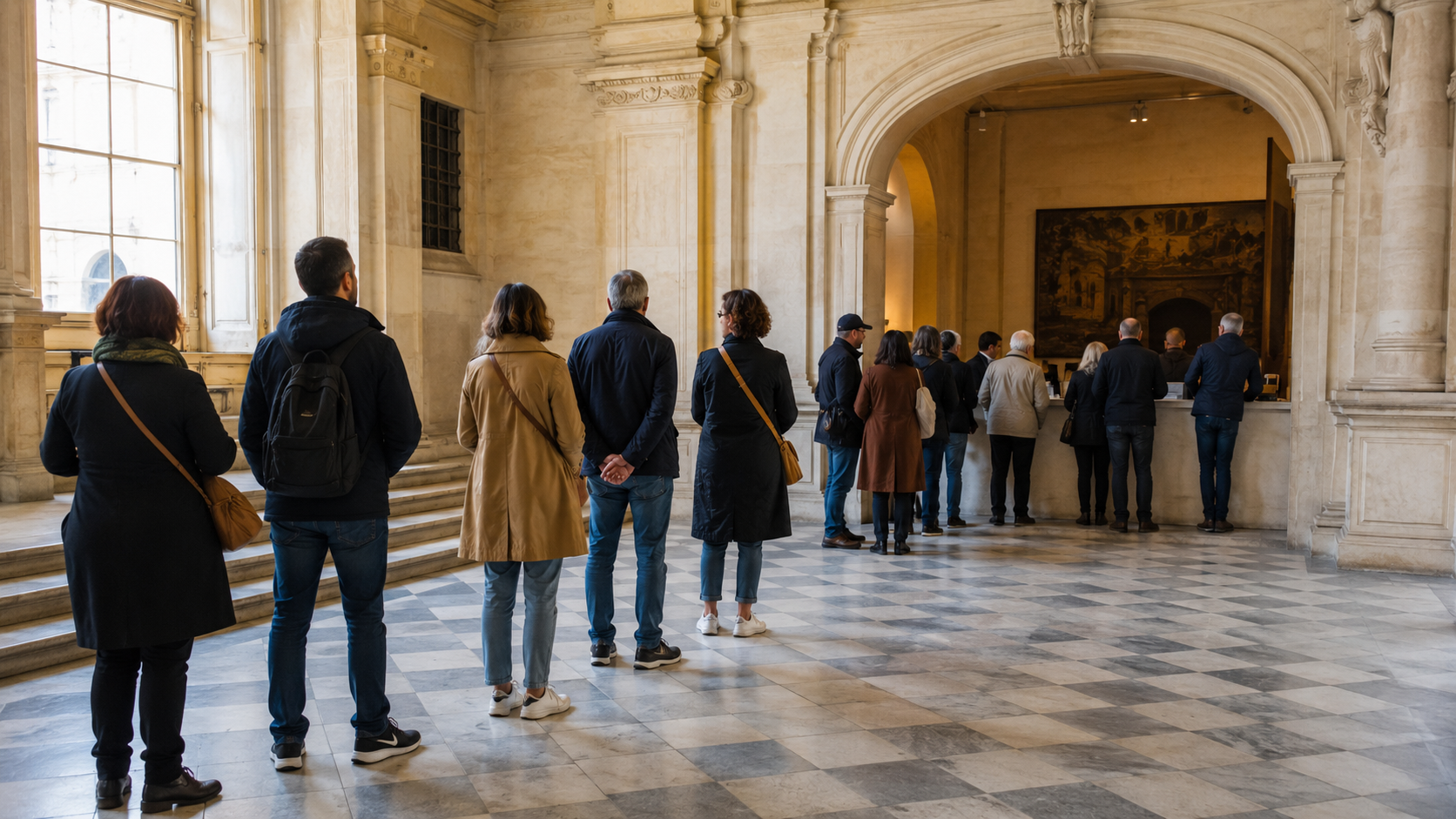File d’attente d’une dizaine de personnes devant le comptoir d’accueil d’un musée municipal français, hall clair en pierre.
