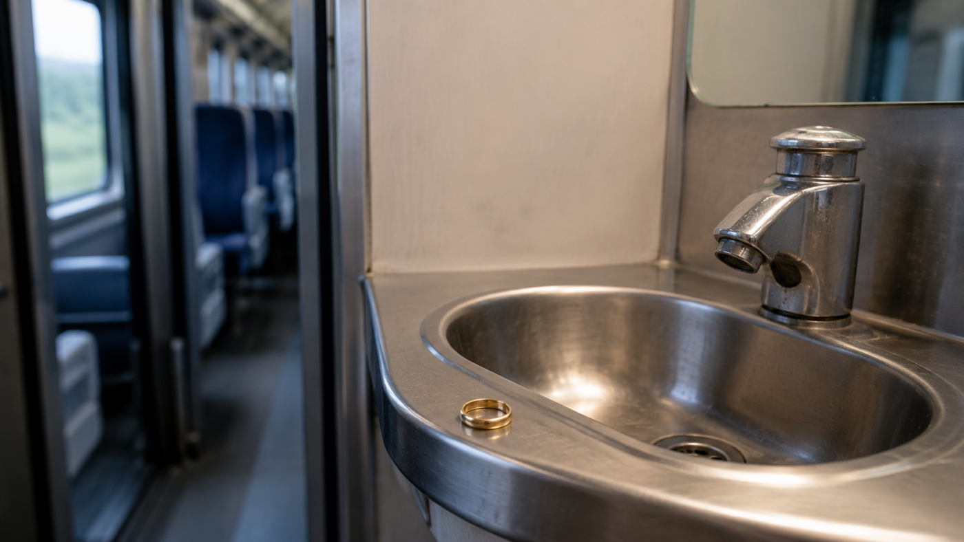 Alliance en or posée sur le rebord en inox d’un lavabo de toilettes de train, intérieur de voiture flou en arrière-plan