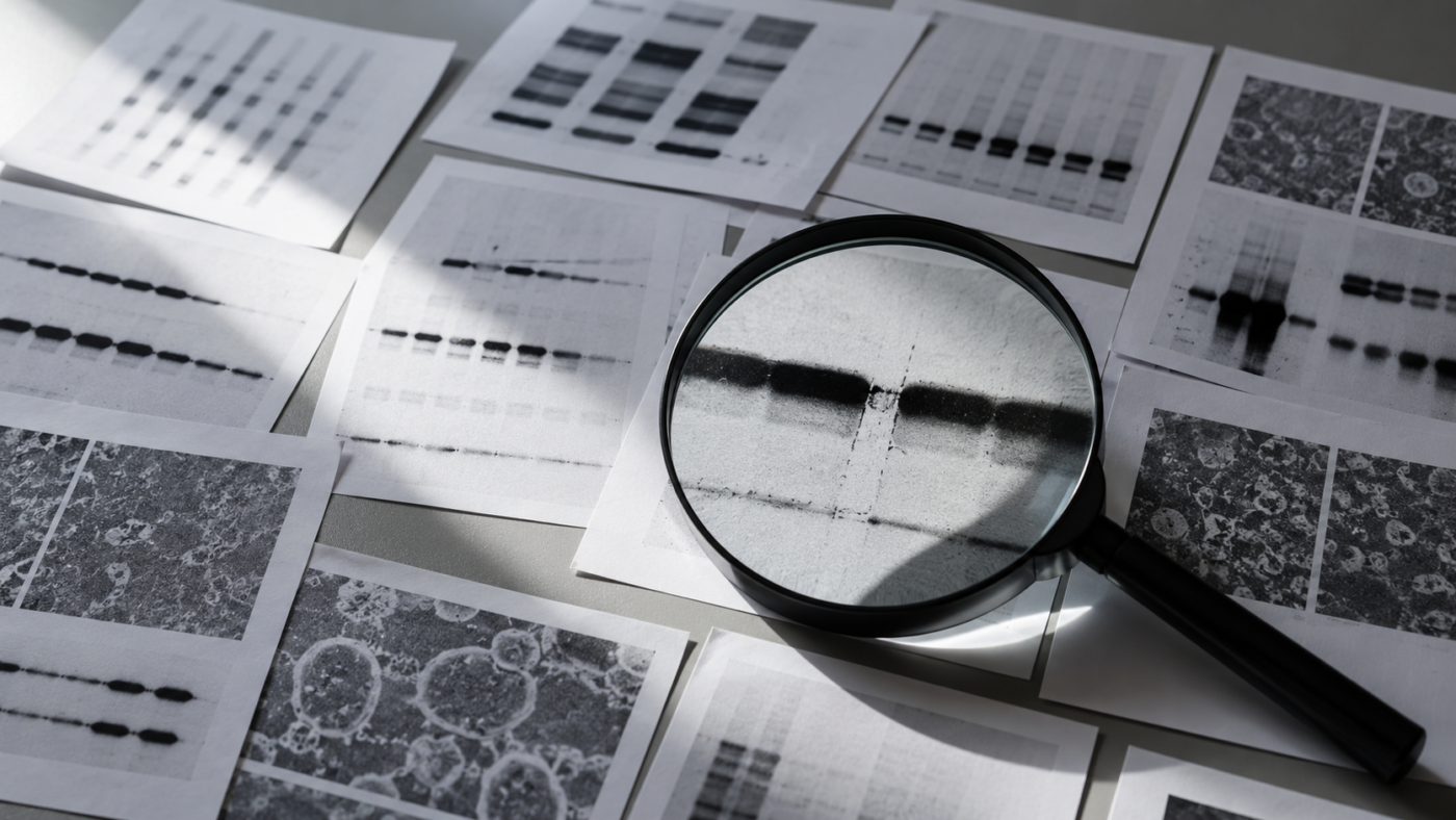 Des planches de figures scientifiques en noir et blanc étalées sur un bureau, une loupe posée sur l’une d’elles.