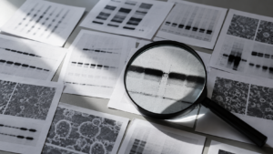 Des planches de figures scientifiques en noir et blanc étalées sur un bureau, une loupe posée sur l’une d’elles.