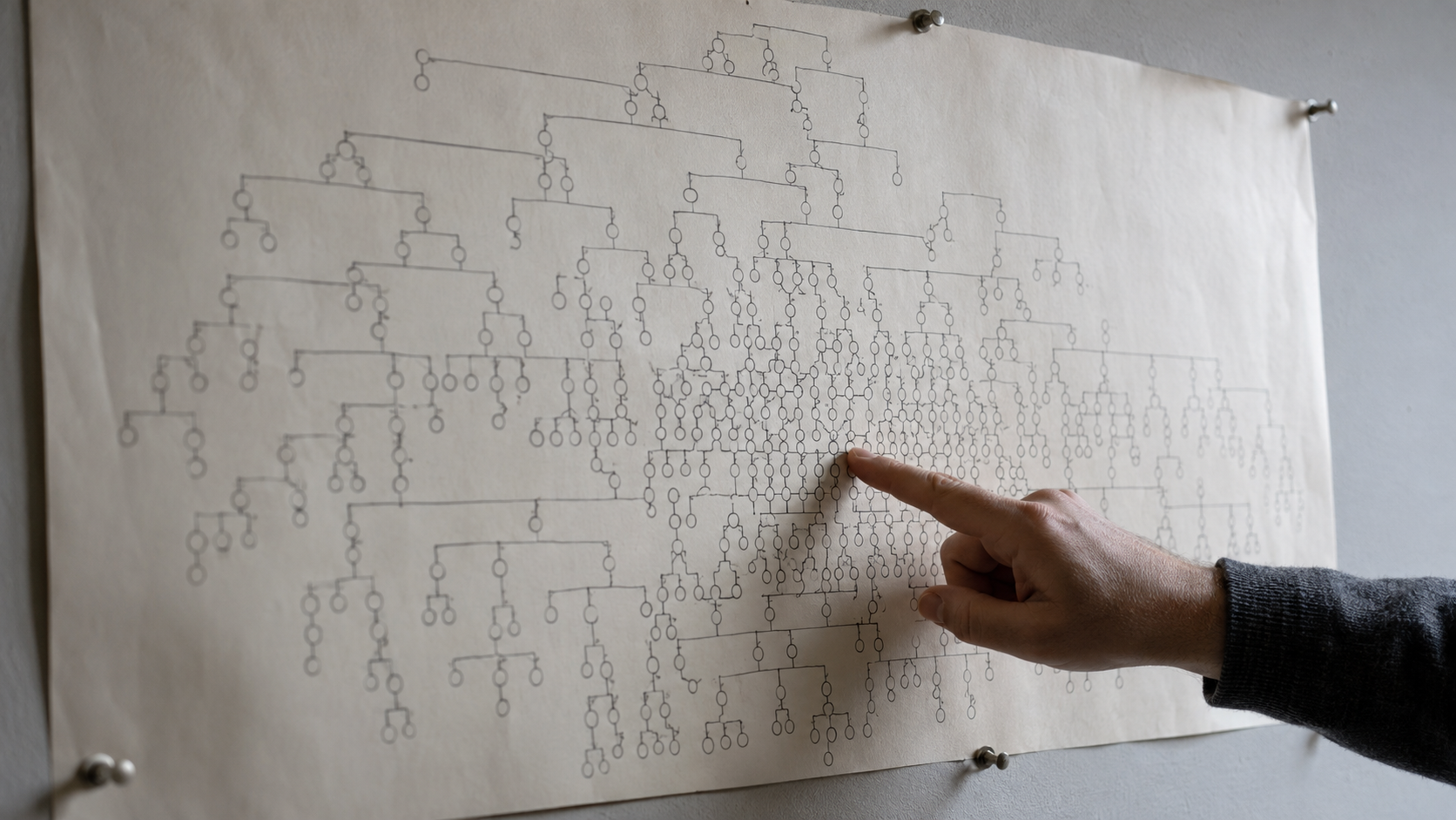 Une main désigne un nœud sur un grand arbre généalogique punaisé au mur d’un bureau de recherche.