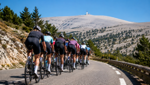 Un peloton féminin vu de dos sur une route de Provence, le sommet du Ventoux à l'horizon