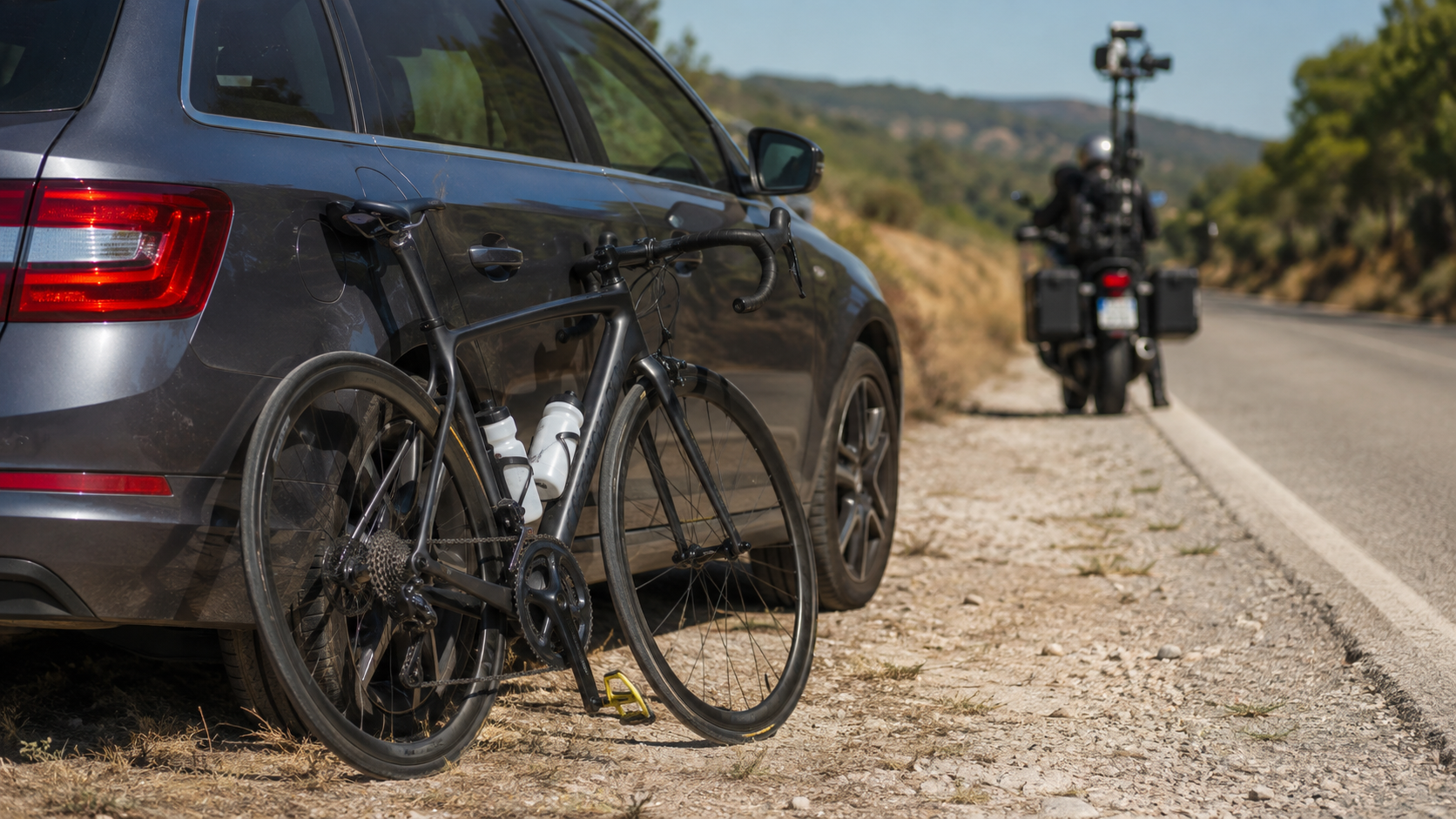 Un vélo de course posé contre une voiture d'équipe au bord d'une route, moto caméra floue à l'arrière-plan