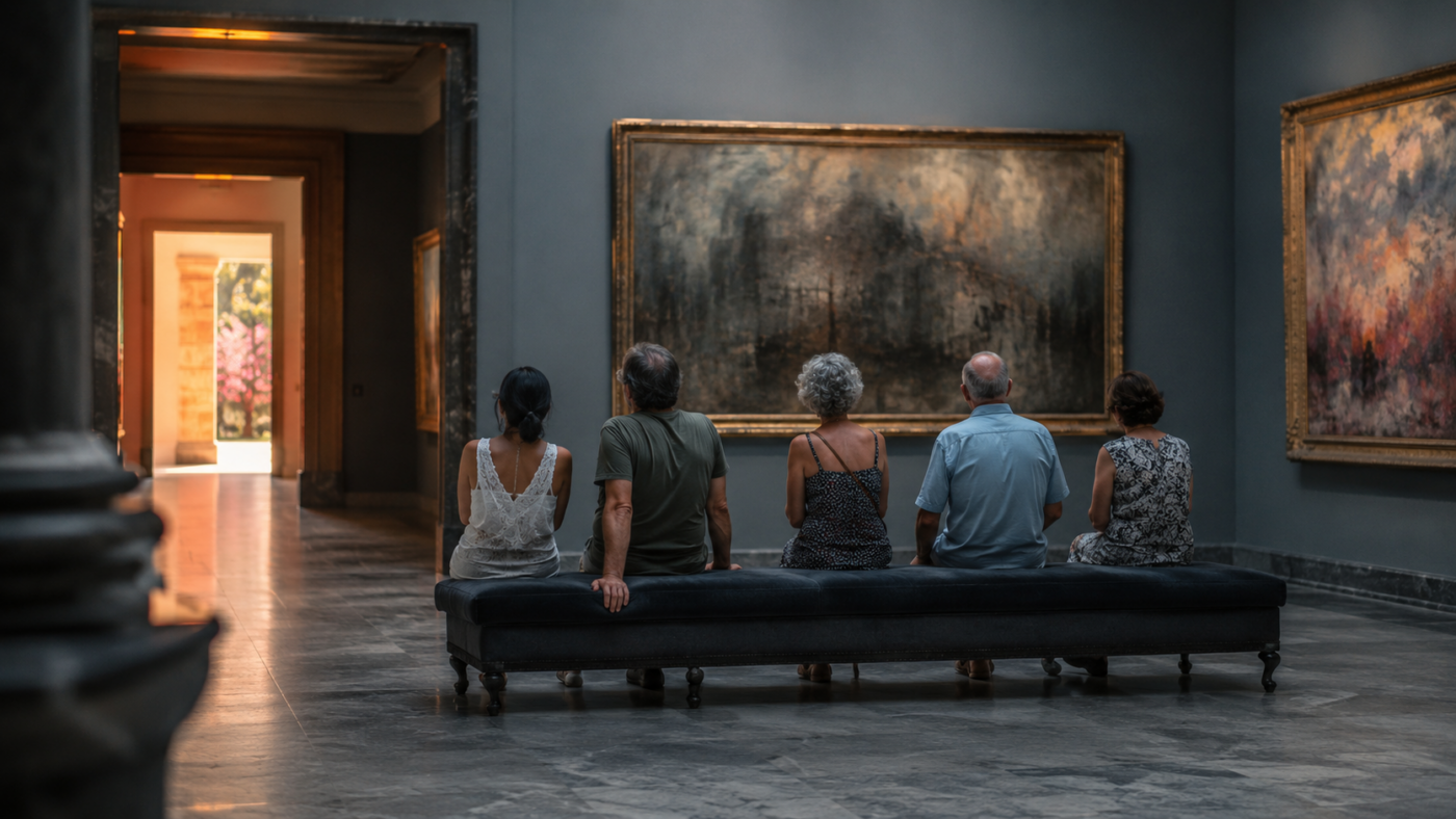 Salle d'un musée des beaux-arts, fraîche et sombre, où quelques visiteurs assis sur une banquette se reposent de la chaleur.