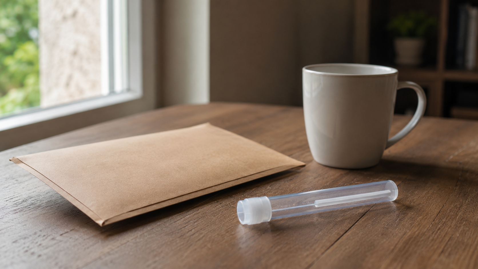 Tube de prélèvement salivaire et enveloppe cartonnée posés sur une table de cuisine, à côté d’une tasse
