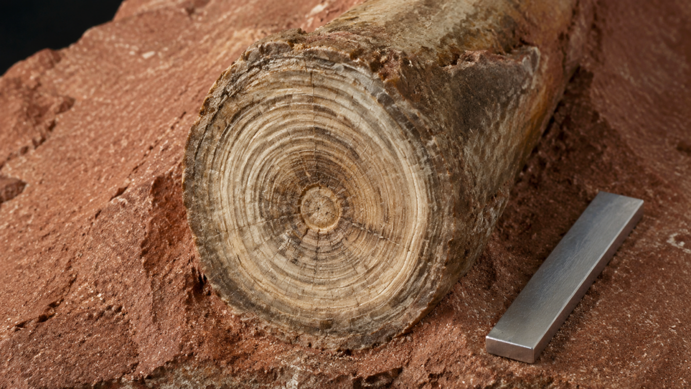 Coupe d’un os fossilisé dans un grès rougeâtre, anneaux de croissance visibles, réglette métallique posée à côté