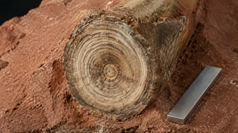 Coupe d’un os fossilisé dans un grès rougeâtre, anneaux de croissance visibles, réglette métallique posée à côté
