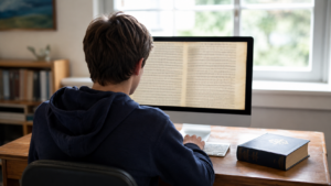 Mains d'un adolescent devant un ordinateur affichant un texte grec, un dictionnaire papier fermé posé à côté sur la table