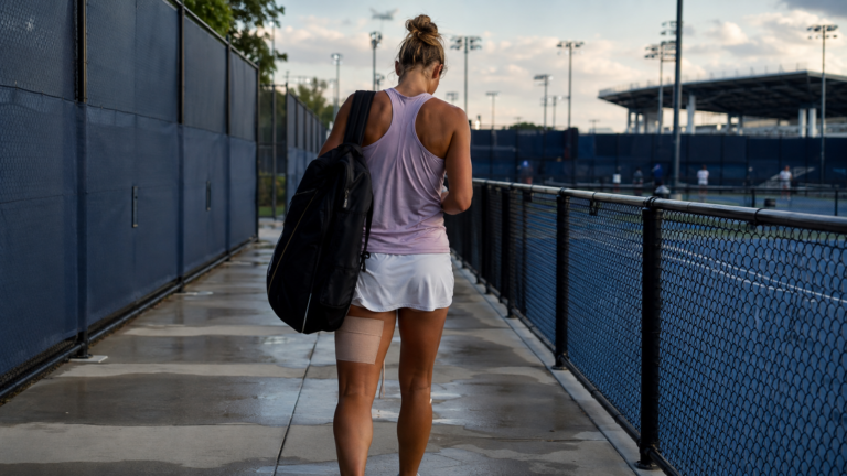 Une joueuse de tennis quitte un court annexe d'un grand complexe new-yorkais, sac sur l'épaule, une bande de contention sur la cuisse.