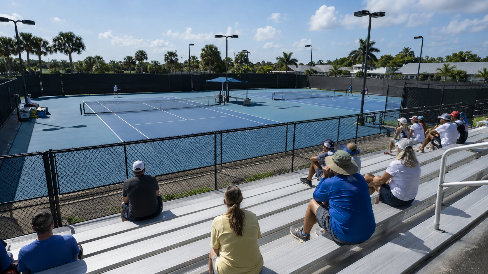 Un petit tournoi professionnel de tennis en Floride, deux courts en dur, une quinzaine de spectateurs sur des gradins en aluminium.