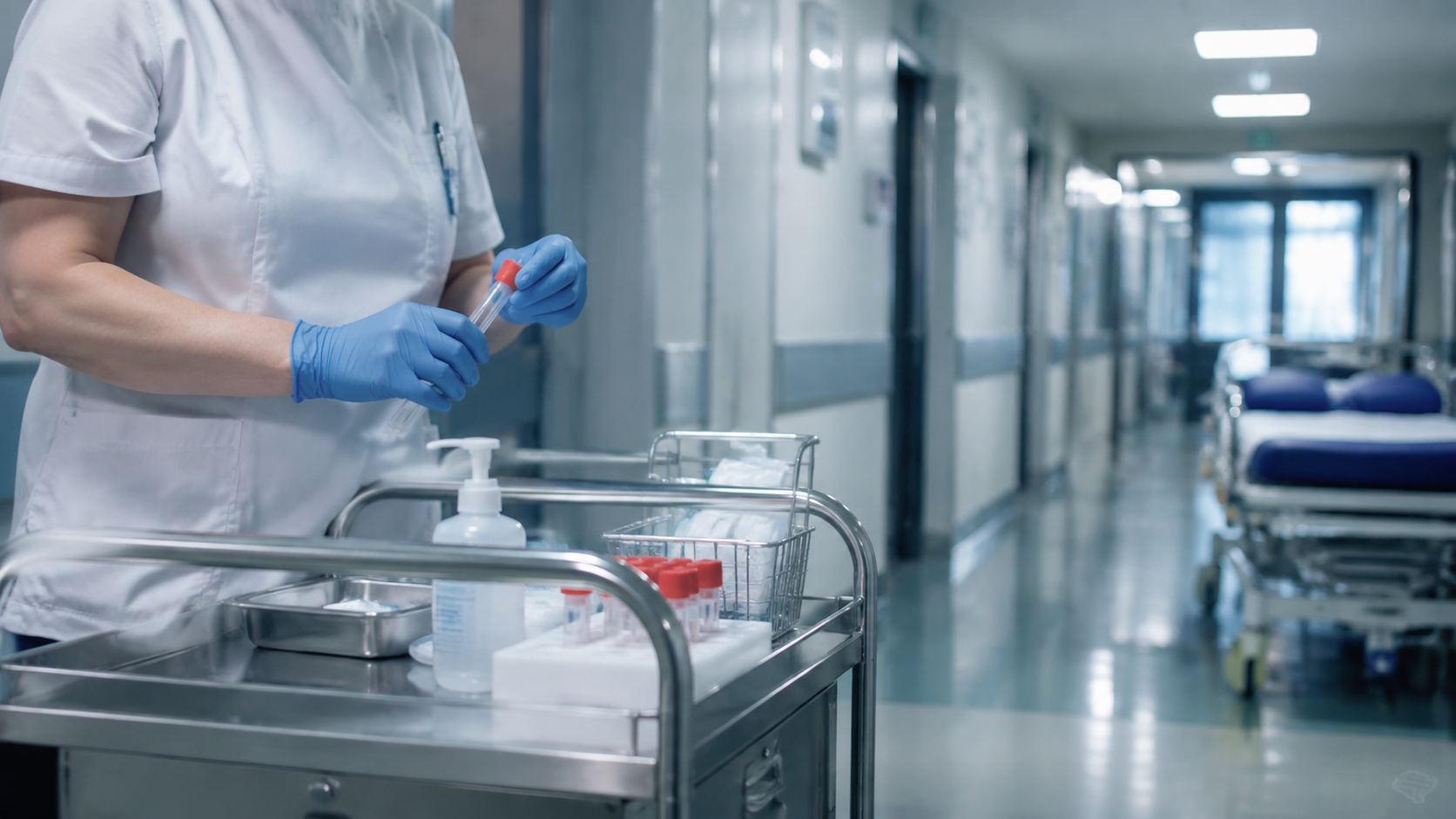 Mains gantées préparant un tube de prélèvement sanguin sur un chariot métallique, dans le couloir d’un service d’urgences.