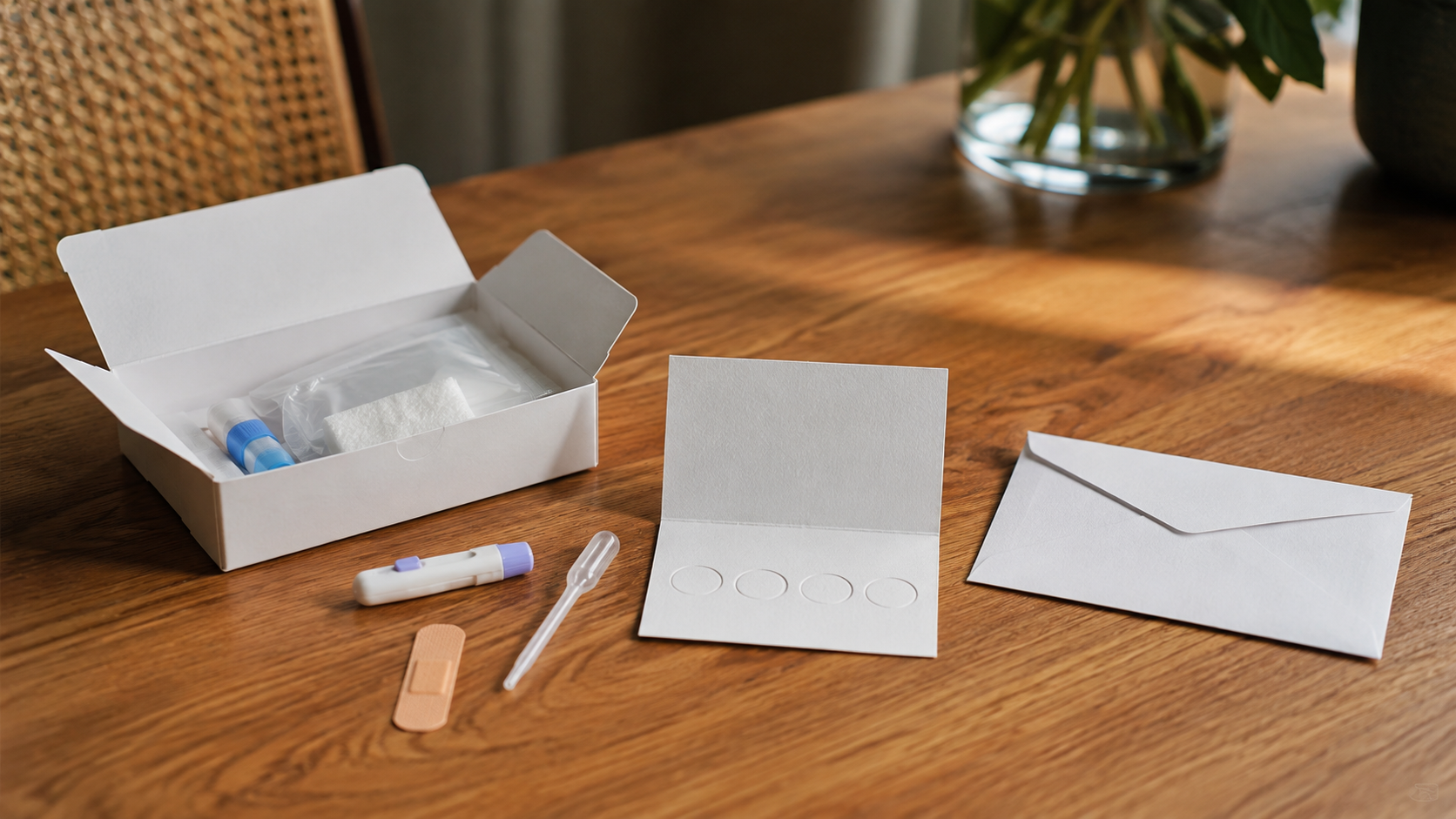 Kit d’auto-prélèvement sanguin à domicile posé sur une table en bois, avec une lancette, une carte buvard et une enveloppe prétimbrée.