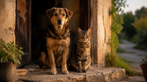Un chien et un chat assis côte à côte sur le pas d'une porte, dans la lumière du soir