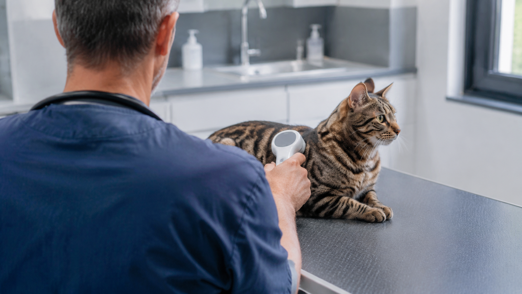 Un vétérinaire de dos passe un lecteur de puce électronique sur un chat tigré posé sur une table d'examen
