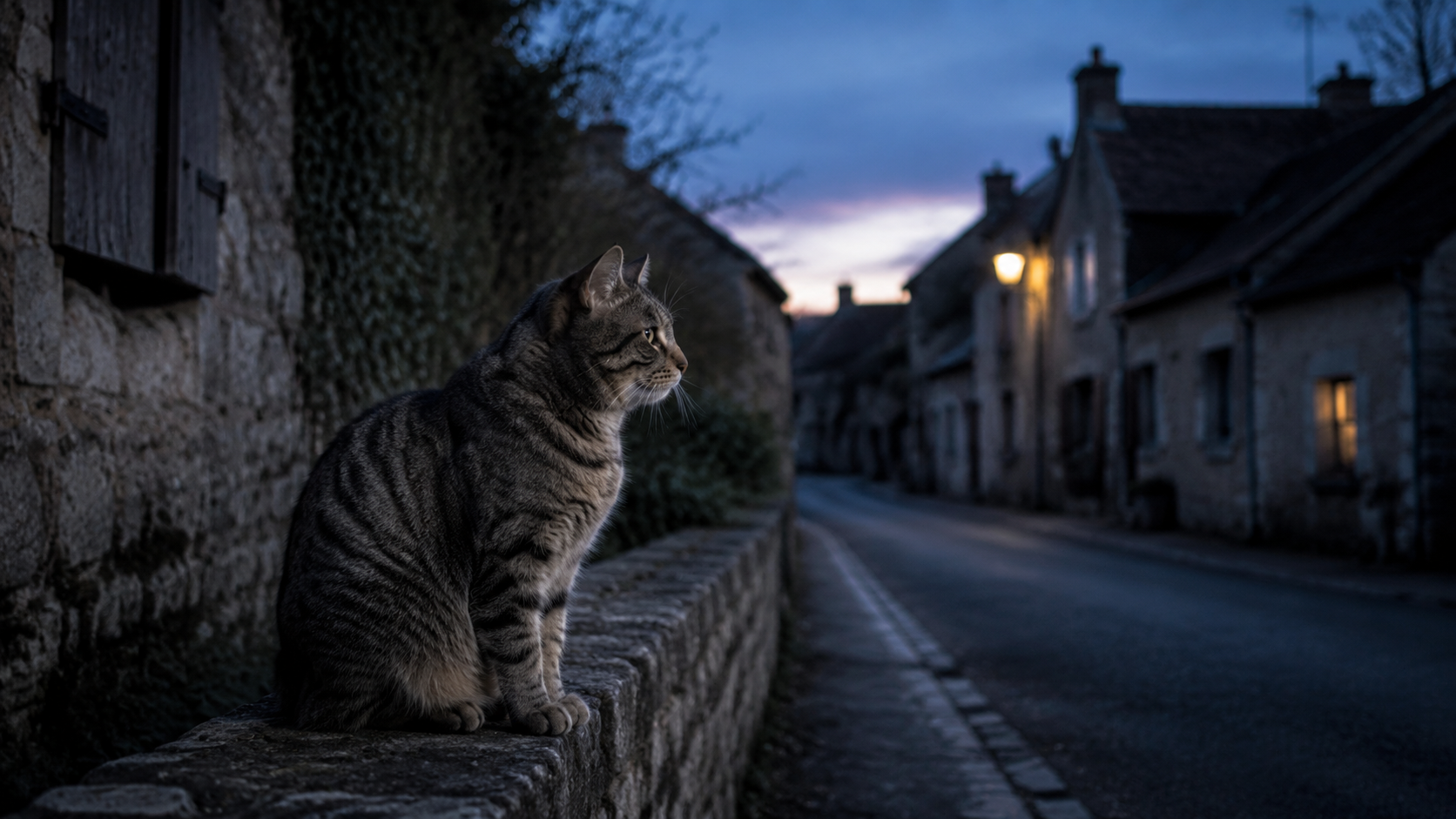 Un chat tigré assis seul sur un muret de pierre dans une rue de village au crépuscule
