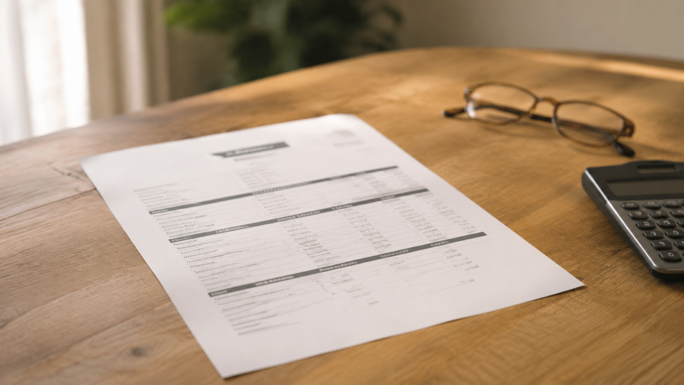 Relevé de pension posé sur une table en bois, à côté d’une calculatrice et de lunettes de lecture