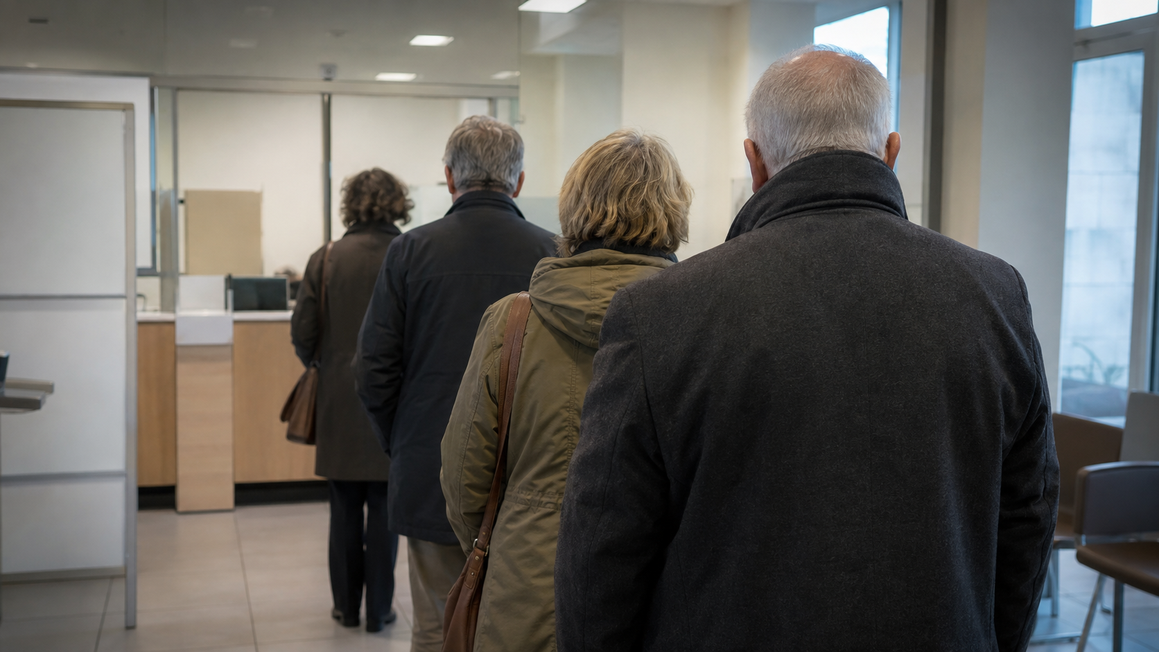 File d’attente dans un hall administratif, personnes vues de dos