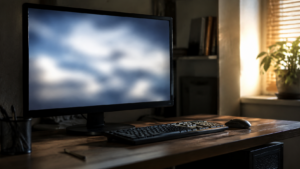 Écran d'ordinateur allumé sur un bureau en bois, affichage flou sans interface lisible
