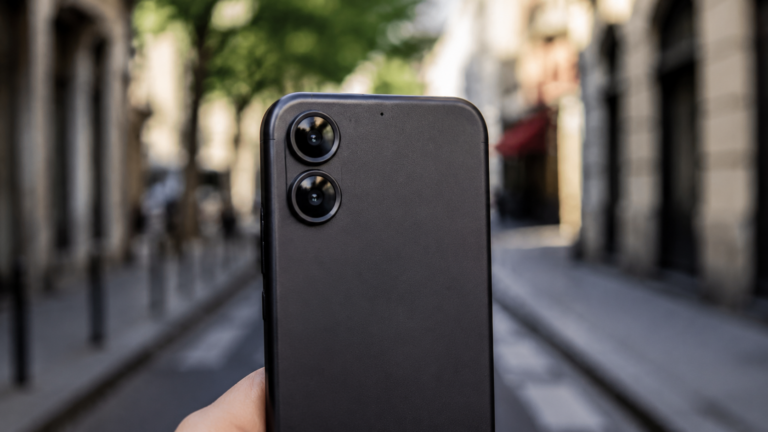 Gros plan sur le dos d’un smartphone tenu à la main, deux objectifs alignés reflétant la lumière du jour, rue floue en arrière-plan.