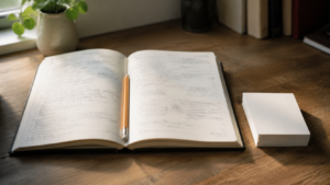 Cahier de révision manuscrit ouvert sur un bureau en bois, crayon posé dans le pli, fiches cartonnées vierges empilées à côté.