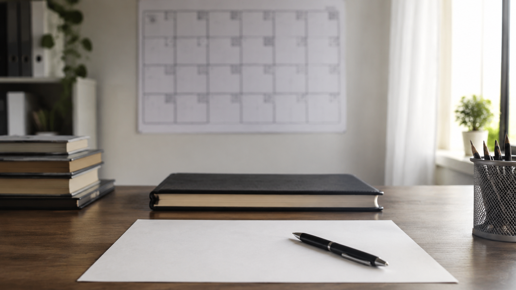 Bureau d'étudiant avec une feuille blanche et un stylo posés devant un cahier fermé, calendrier mural en arrière-plan.