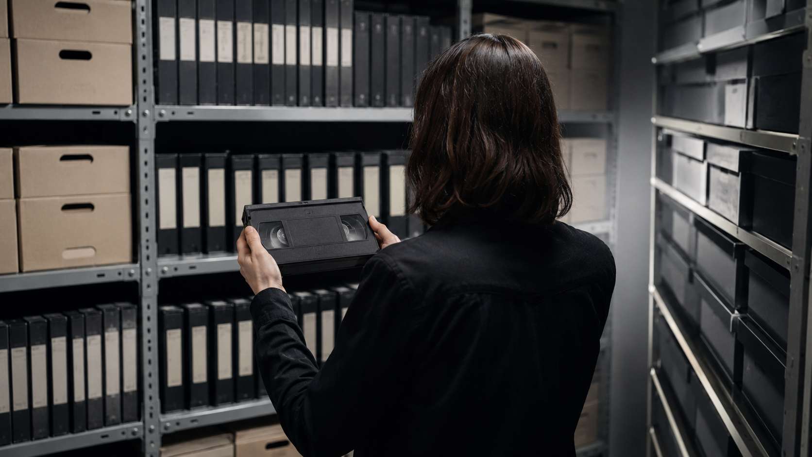Un archiviste vu de dos tient une cassette vidéo devant des étagères métalliques remplies de boîtes d’archives.