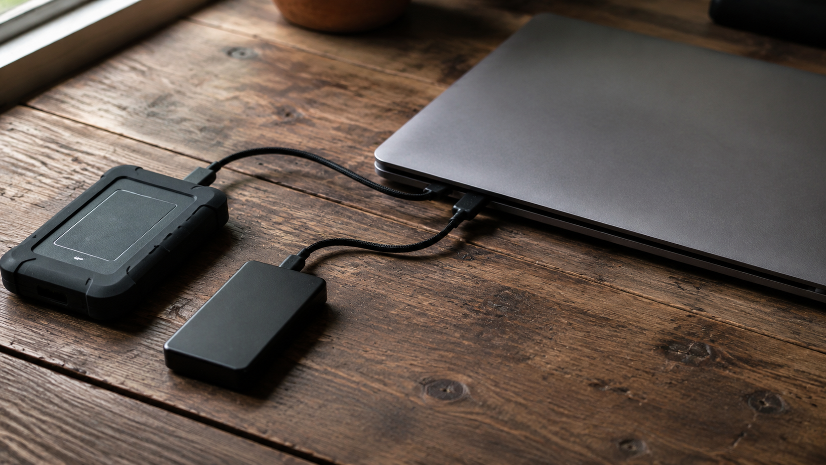 Deux disques durs externes reliés par des câbles à un ordinateur portable fermé, posés sur un bureau en bois.