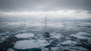 Un voilier de plaisance seul sur une mer arctique grise, entouré de plaques de glace flottantes sous un ciel bas.