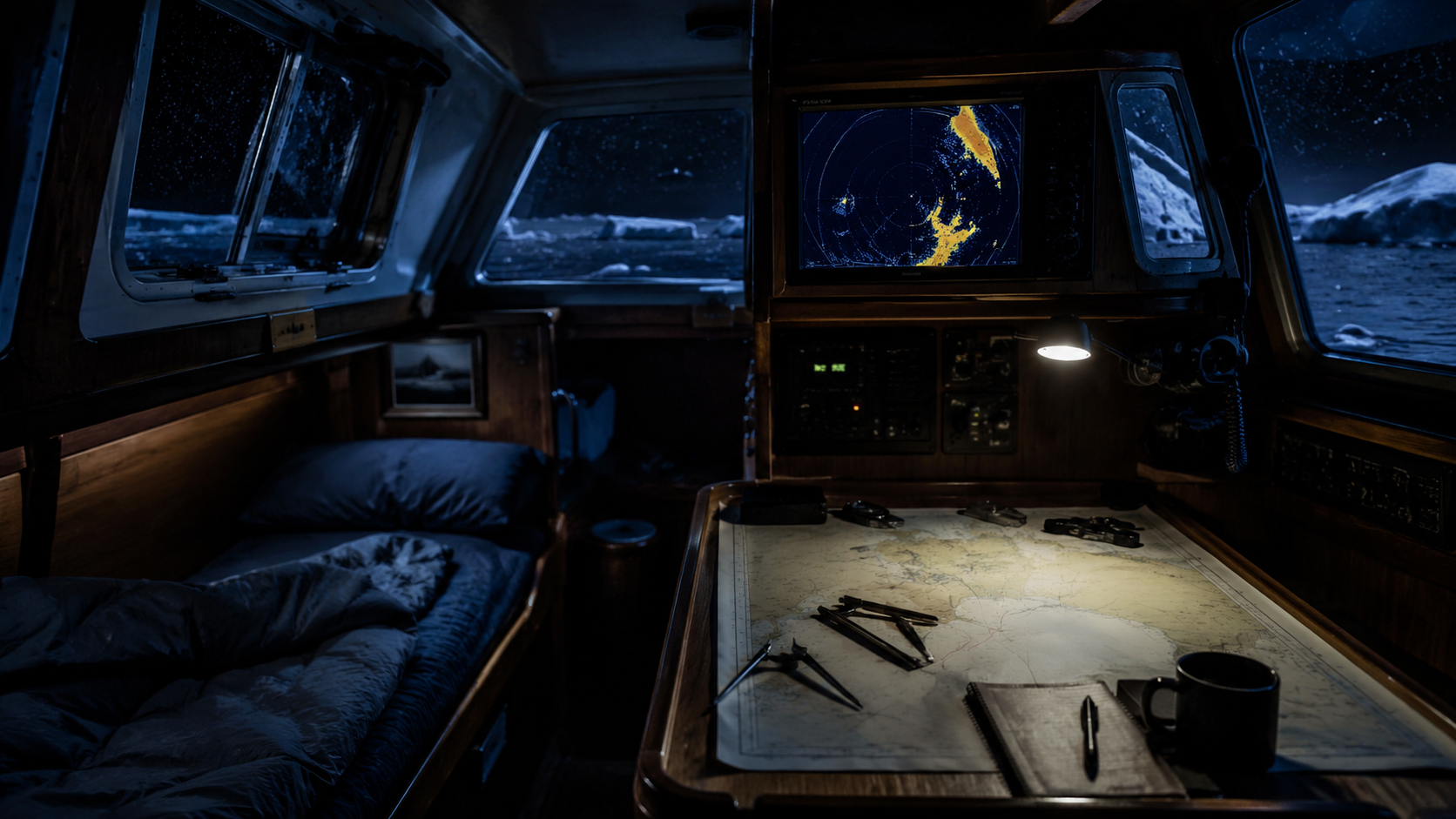 Cabine de voilier la nuit, écran radar allumé au-dessus de la table à cartes et couchette vide.
