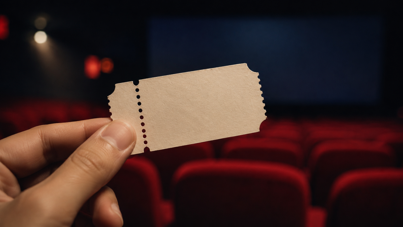Gros plan sur un billet de cinéma tenu entre deux doigts dans une salle obscure, sièges rouges flous en arrière-plan