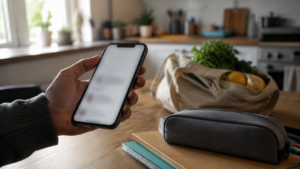 Main tenant un smartphone dans une cuisine claire, écran allumé illisible, fournitures scolaires et sac de courses flous sur la table.