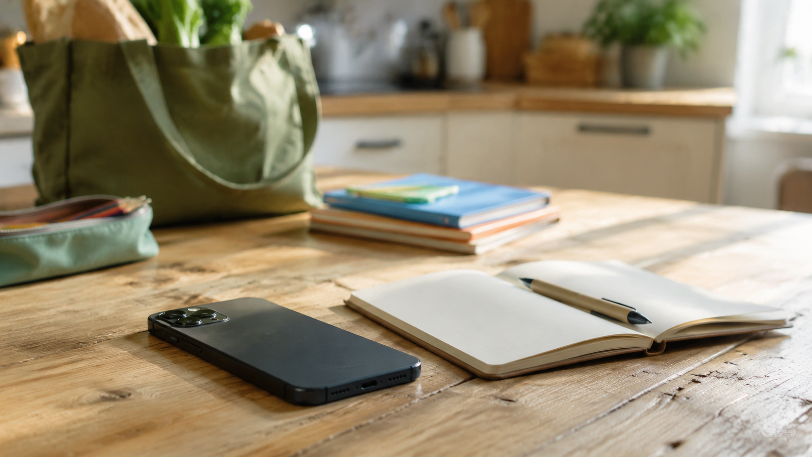Téléphone posé face contre table à côté d’un carnet et d’un stylo, dans une cuisine éclairée par la lumière du jour.