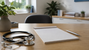 Bureau de médecin généraliste avec un carnet d'ordonnances vierge, un stylo et un stéthoscope, éclairé par la lumière du jour.