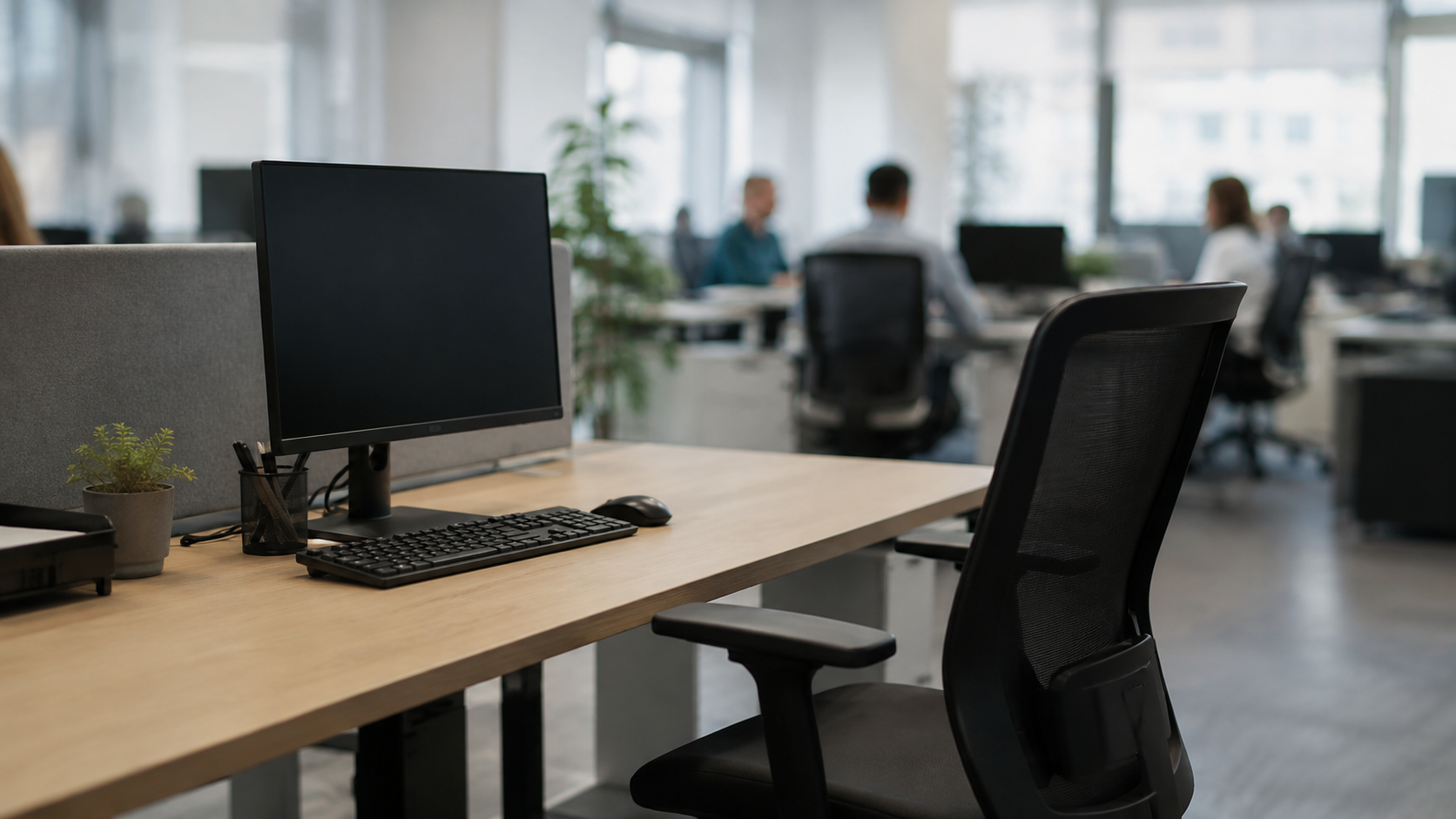Poste de travail vide dans un bureau en open space, chaise reculée et écran éteint, collègues flous à l'arrière-plan.