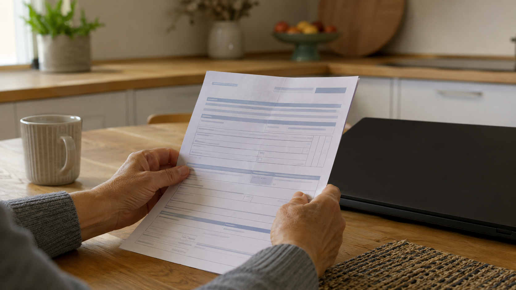 Mains d'une personne d'âge mûr tenant un formulaire administratif de santé près d'un ordinateur portable, sur une table de cuisine.