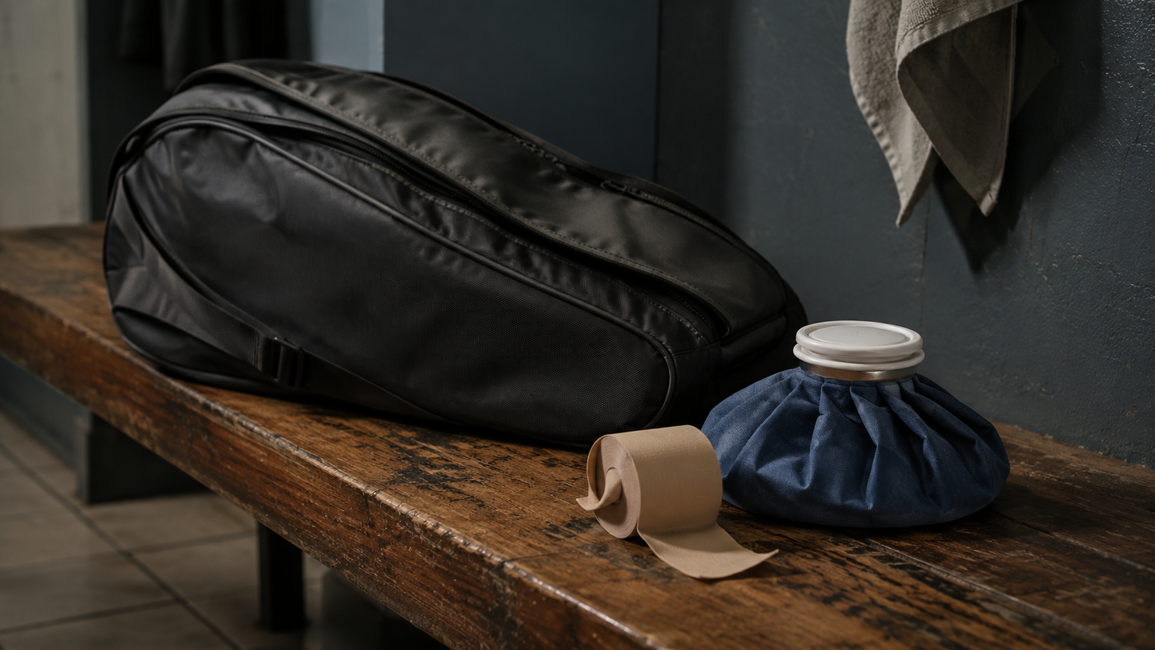 Banc de vestiaire de tennis avec sac de raquettes, poche de glace et bande de kinésithérapie