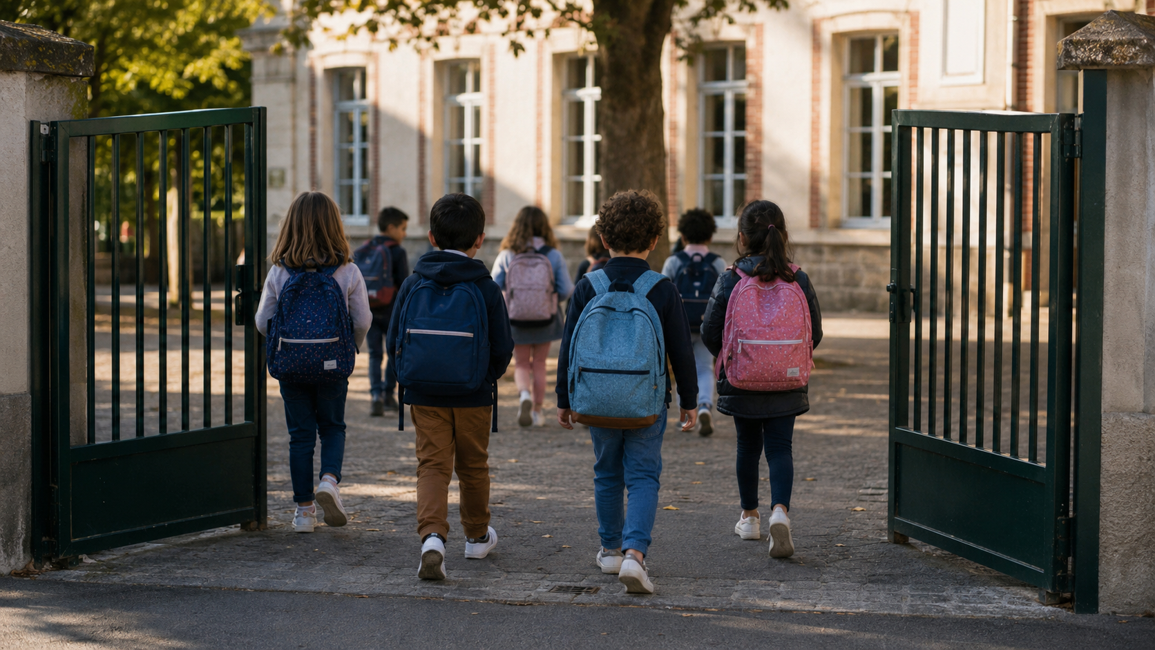 Des enfants de dos, cartables sur les épaules, franchissent le portail de leur école