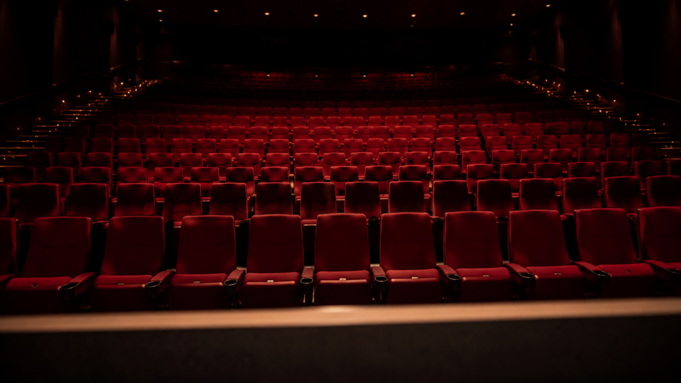 Une salle de cinéma vide photographiée depuis le bord de l’écran, les rangées de fauteuils rouges descendant dans la pénombre.