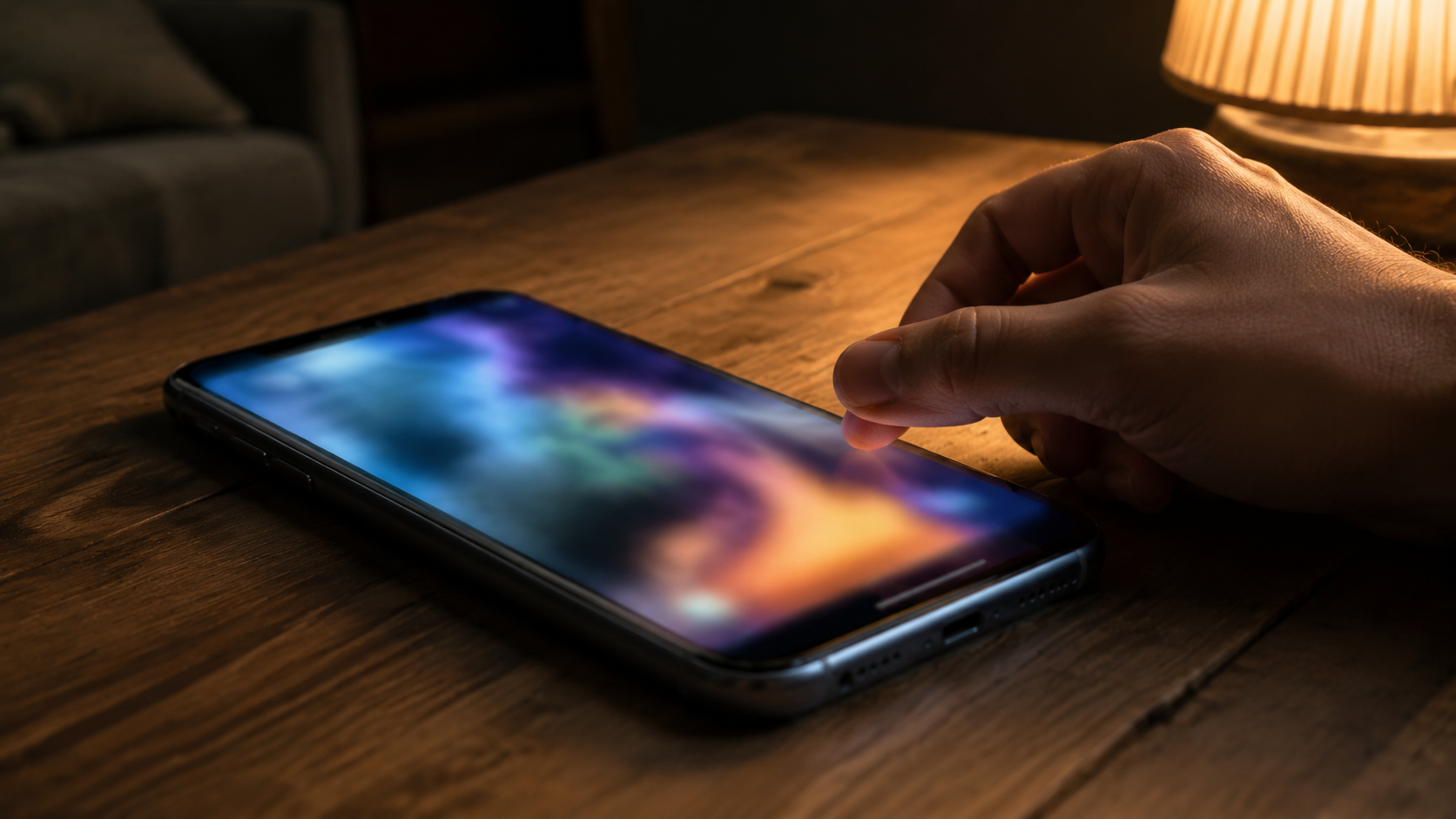 Un smartphone posé sur une table le soir, une vidéo qui démarre toute seule dans un fil, un pouce prêt à faire défiler.