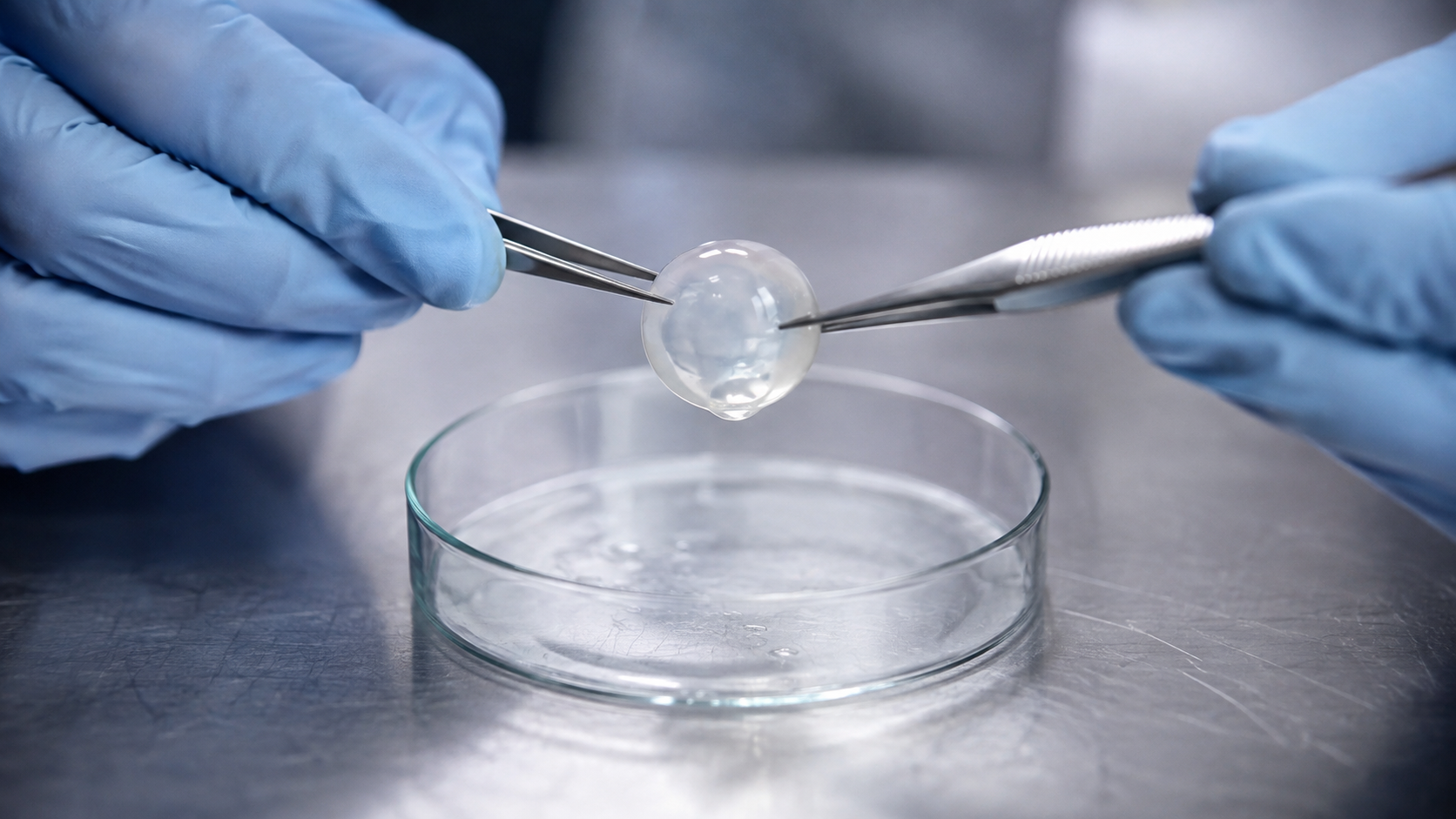 Des mains gantées tiennent un cristallin translucide au-dessus d’une boîte de Petri, sur une paillasse d’acier.