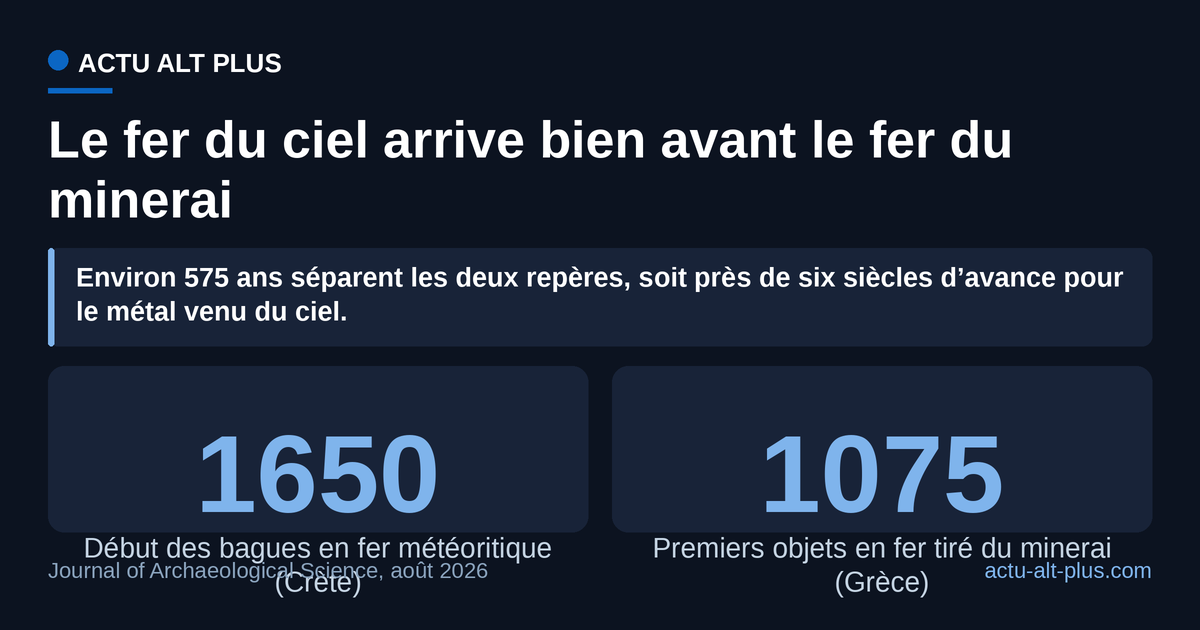 Les bagues en fer météoritique précèdent d’environ 575 ans les premiers objets en fer terrestre de Grèce. Limite : le début de la série est daté à l’échelle du siècle, l’écart varie donc de 525 à 625 ans selon le point retenu dans le XVIIe siècle.