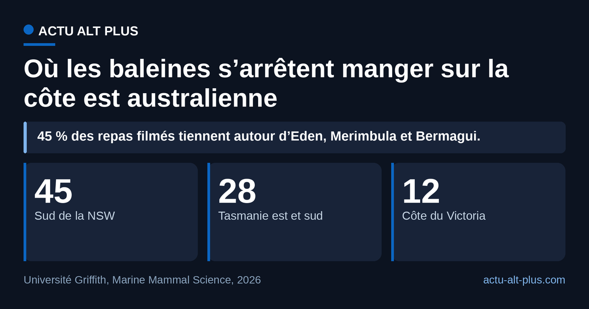 Le nourrissage migratoire n’est pas diffus : trois secteurs du sud-est australien rassemblent environ 85 % des 199 scènes validées, tous adossés aux remontées d’eau du courant est-australien. Limite : la couverture reflète aussi la densité d’observateurs et de bateaux.