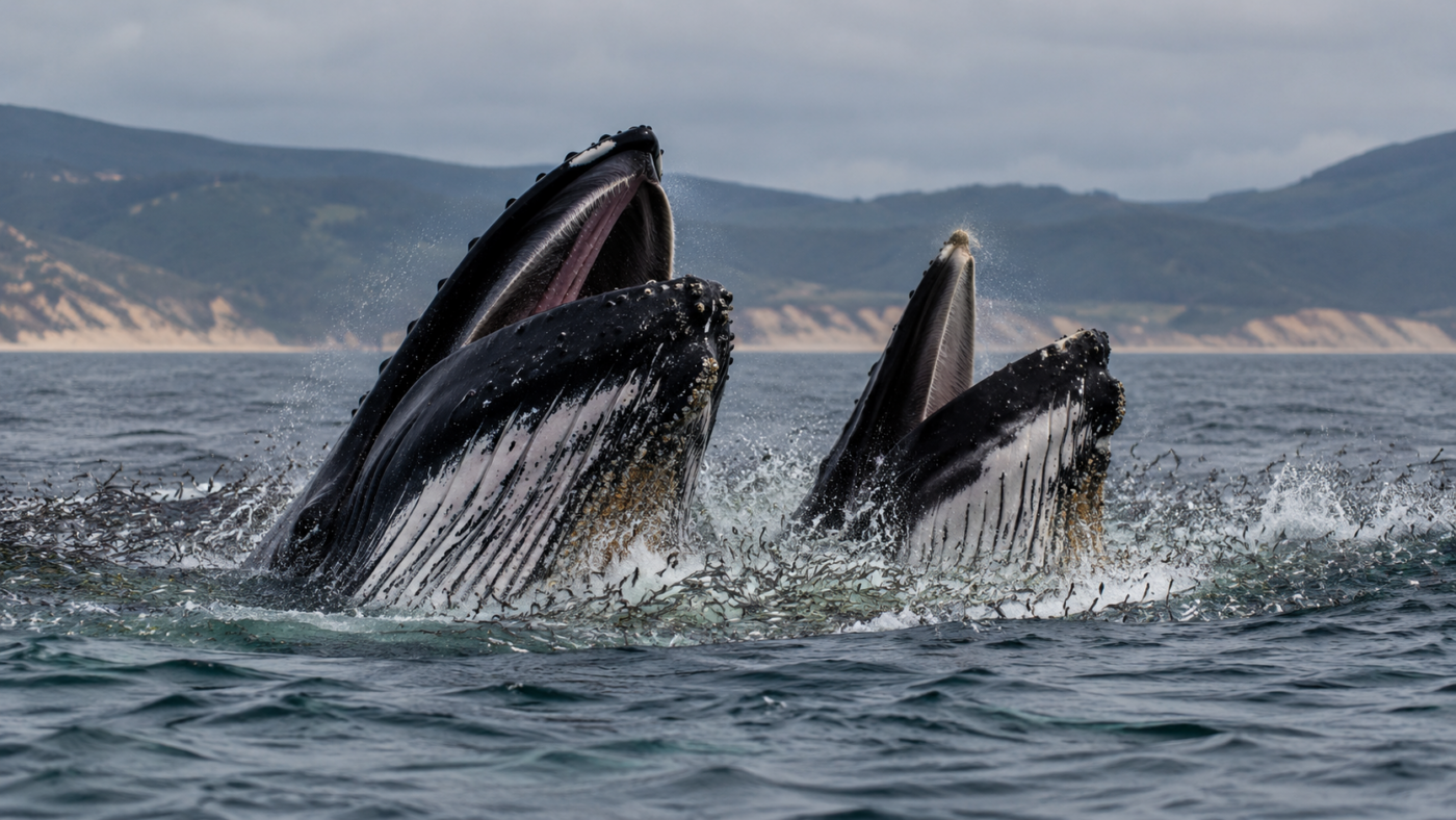 Deux baleines à bosse remontent gueule ouverte, sillons ventraux dilatés, au milieu d’un banc de poissons, au large d’une côte australienne tempérée.