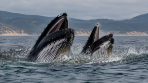 Deux baleines à bosse remontent gueule ouverte, sillons ventraux dilatés, au milieu d’un banc de poissons, au large d’une côte australienne tempérée.