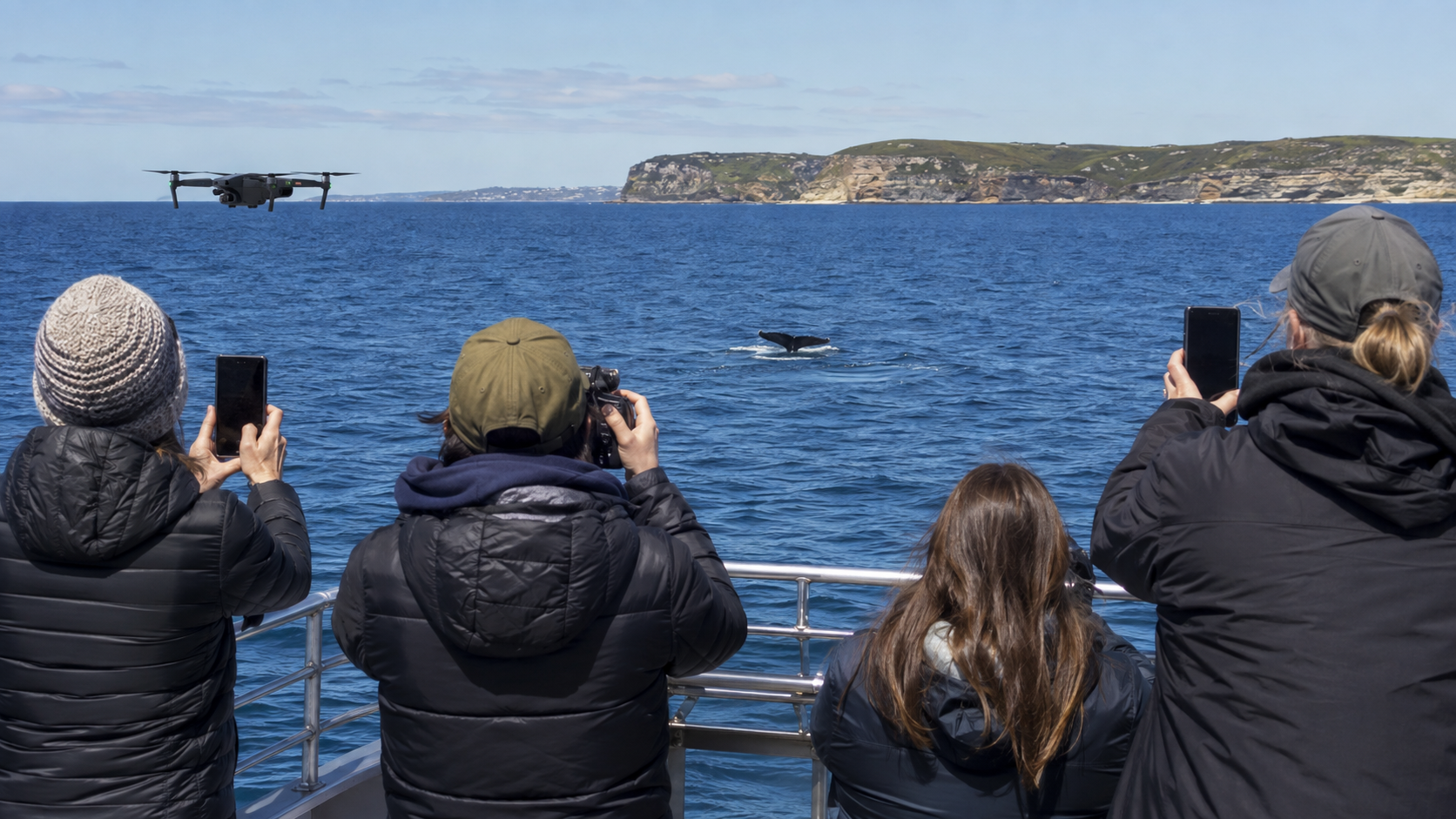 Des passagers d’un bateau d’observation filment la mer avec leurs téléphones pendant qu’un drone décolle, au large d’une côte australienne.