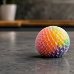 Une balle anti-stress souple et colorée posée seule sur un plan de travail neutre